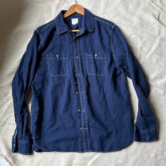 Navy blue white contrast stitch long sleeve cotton shirt workwear style EUC - Picture 3 of 10